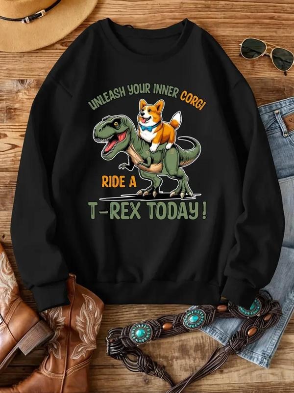 Women'WB shield Dinosaur & Letter & Dog Print Round Neck Sweatshirt, Casual Long Sleeve Crew Neck Pullover for Fall &...