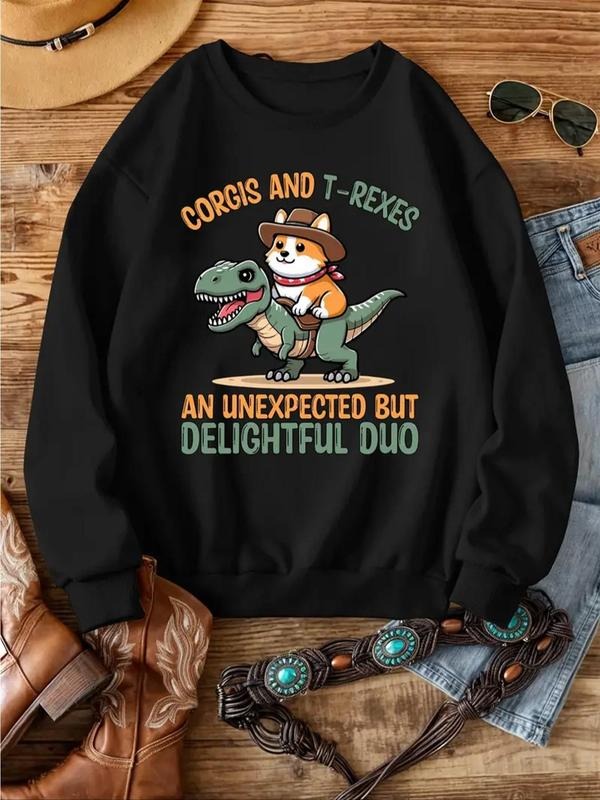 Women'WB shield Dinosaur & Letter Print Drop Shoulder Round Neck Sweatshirt, Loose Casual FOG Comfy Long Sleeve Crew Neck...