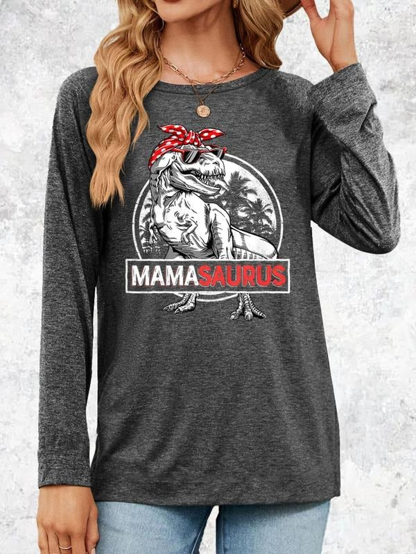 Women'WB shield Dinosaur Print Round Neck Long Sleeve Vintage Graphic Tee Without Necklace, Trendy Crew Neck T-Shirt, Casual Long Top For Women'WB shield Clothing, Gifts for Besties, Black Friday Deal