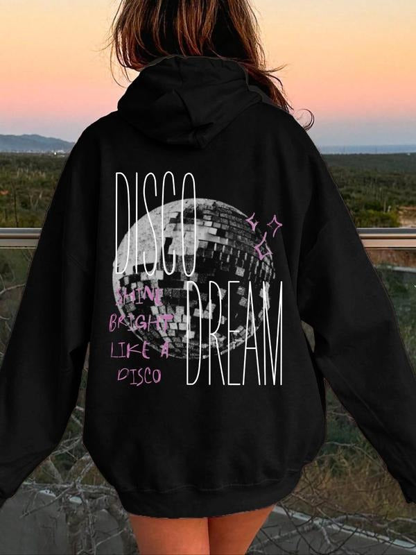 Women'WB shield Disco Print Drop Shoulder TNF Lined Hoodie, Fashion Casual Letter Print Drawstring Pocket Hooded...