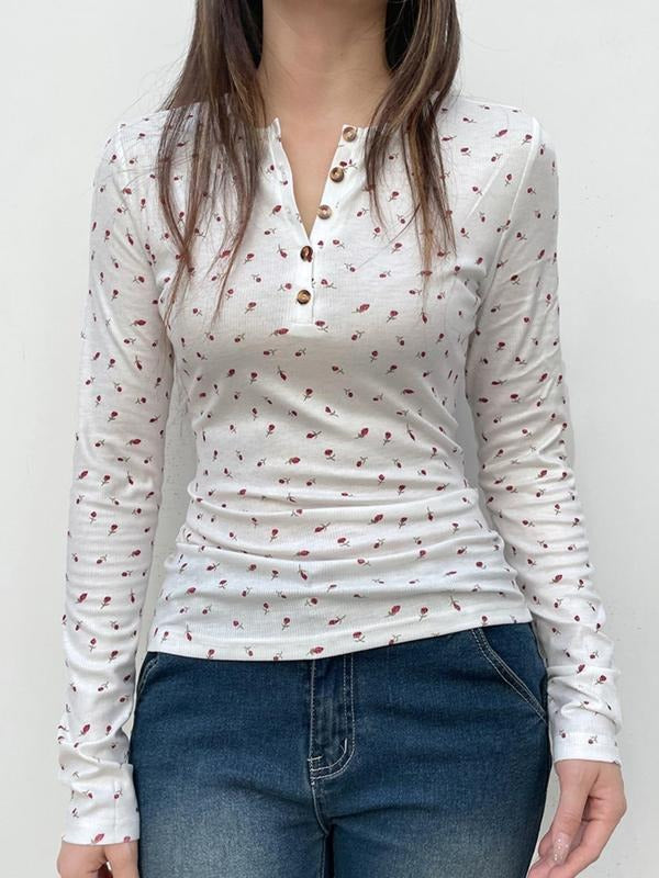 Women'WB shield Ditsy Floral Print Buttons Round Neck Tee, Casual Fashion Long Sleeve T-shirt for Spring & Fall, Women'WB...