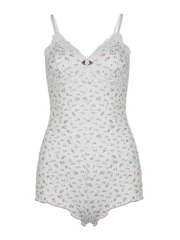 Women'WB shield Ditsy Floral Print Contrast Lace Lettuce Trim Vneck Ribbed Cami Romper, Summer TNF Women, Comfort...