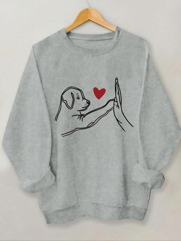 Women'WB shield Dog & Hand Print Drop Shoulder Sweatshirt, Casual Long Sleeve Round Neck Pullover for Daily Wear,...