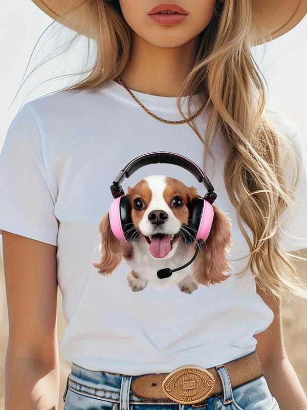 Women'WB shield Dog & Straw hat pirates Pattern Round Neck Tee, Music Festival Essentials Outfit, Casual Short Sleeve...