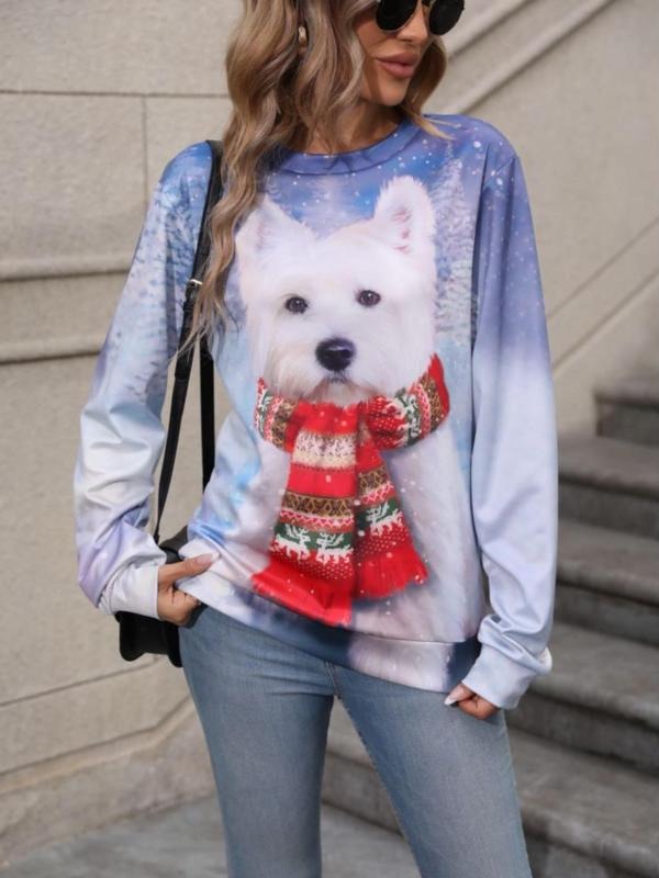 Women'WB shield Dog Print Drop Shoulder Pullover, Fashion Casual Crew Neck Sweatshirt for Daily Holiday Outdoor Wear,...