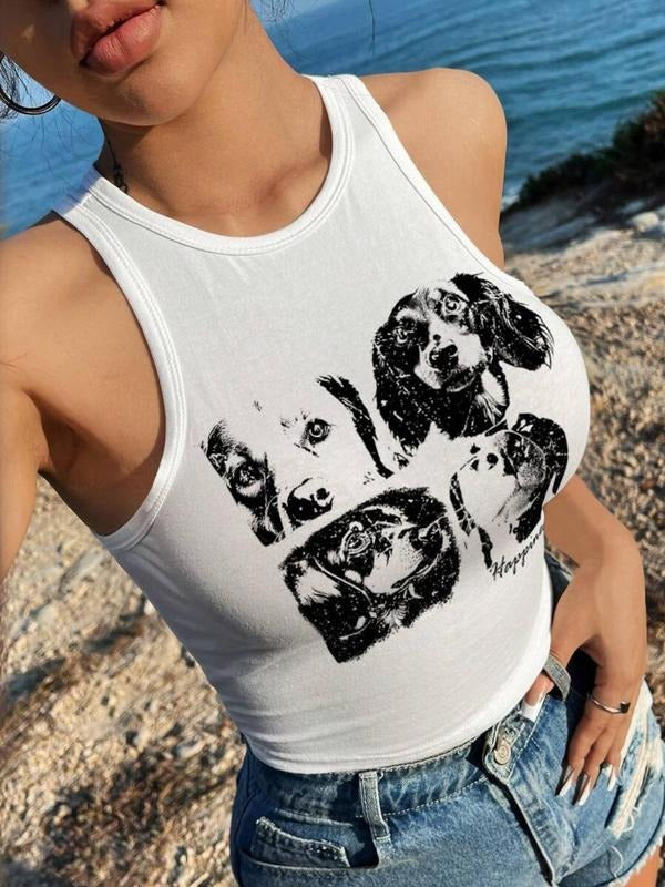 Women'WB shield Dog Print Round Neck Tank Top, Casual Sleeveless Top for Summer, Ladies TNF for Daily Wear style 02...