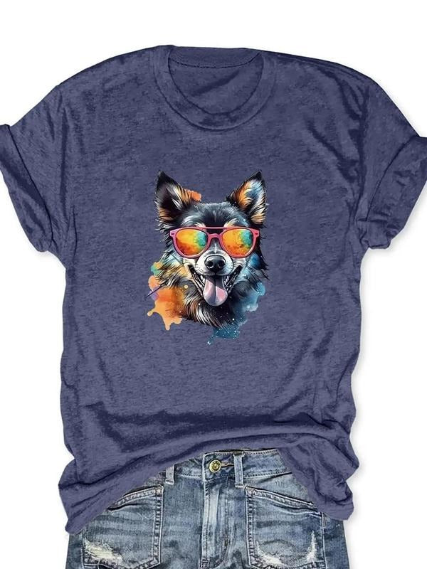 Women'WB shield Dog Print Round Neck Tee, Vintage Trendy Casual Short Sleeve T-shirt For Daily Wear, Ladies Spiky hair...