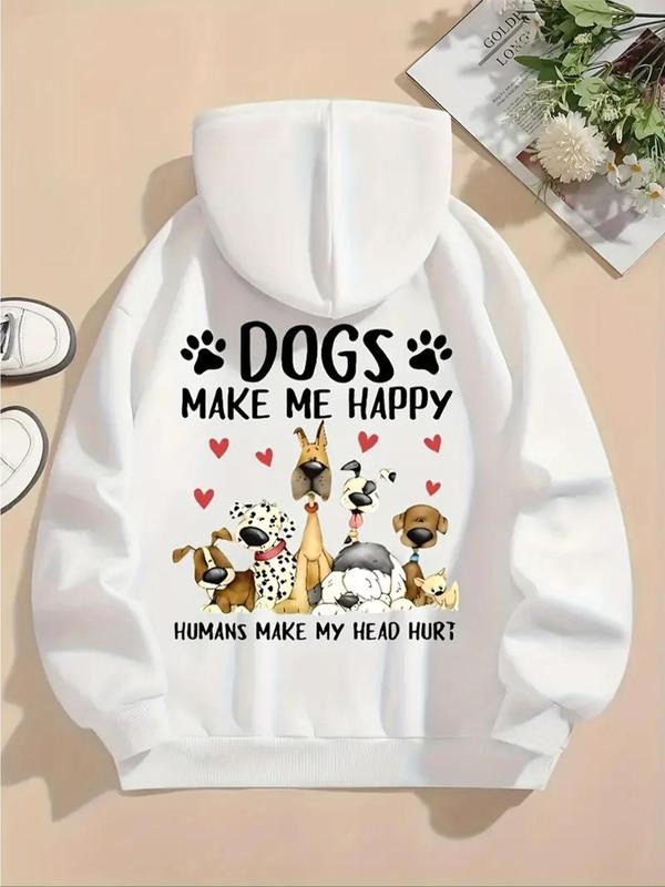Women'WB shield Dogs & Letter Print Drop Shoulder Hoodie, Fashion Casual Drawstring Pocket Hooded Sweatshirt for Daily...