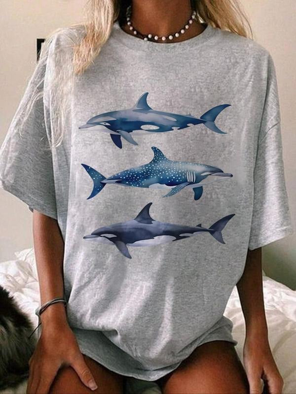Women'WB shield Dolphin Print Drop Shoulder Tee, Casual Half Sleeve Round Neck T-shirt for Summer, Fashion Women'WB...