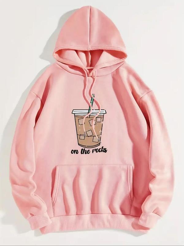 Women'WB shield Drink & Letter Print Drop Shoulder Hoodie, Fashion Casual Drawstring Pocket Hooded Sweatshirt for Daily...