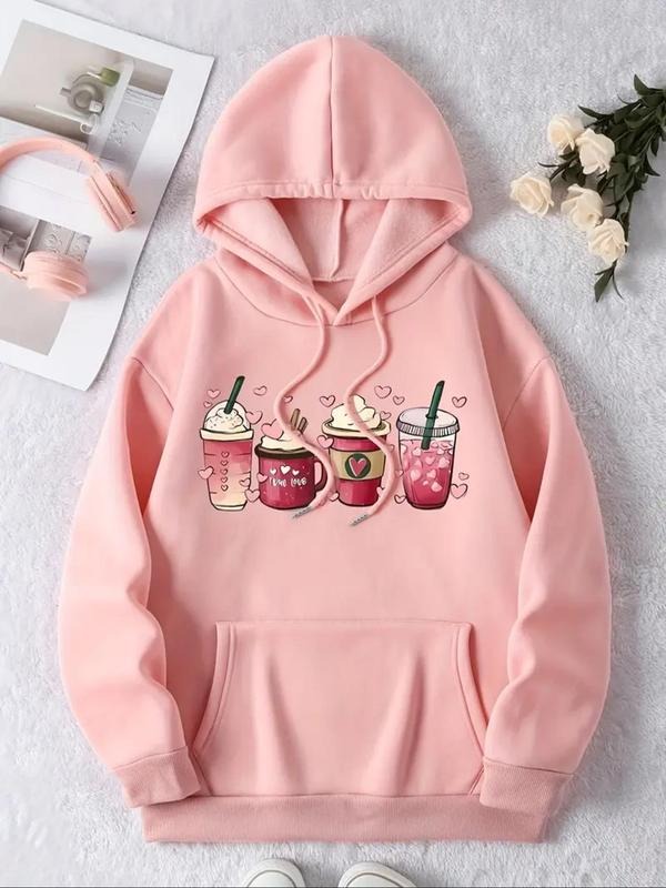 Women'WB shield Drink Print Drop Shoulder Drawstring Hoodie, Fashion Casual Pocket Hooded Sweatshirt for Daily Holiday...