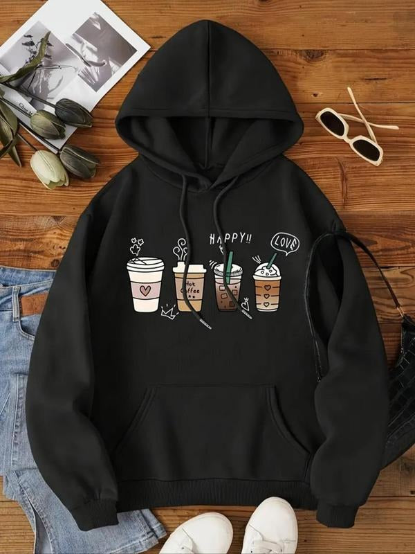 Women'WB shield Drinks Print Drop Shoulder Drawstring Hoodie, Fashion Casual Pocket Hooded Sweatshirt for Daily Holiday Outdoor Wear, Women Clothing for Fall & Winter