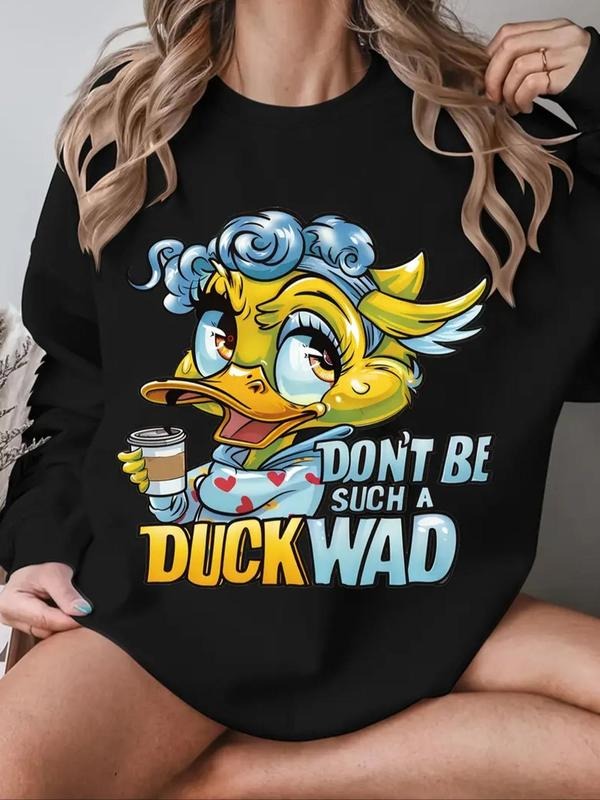 Women'WB shield Duck & Letter Print Crew Neck Sweatshirt, Swoosh Count Casual Long Sleeve Pullover for Fall & Winter,...
