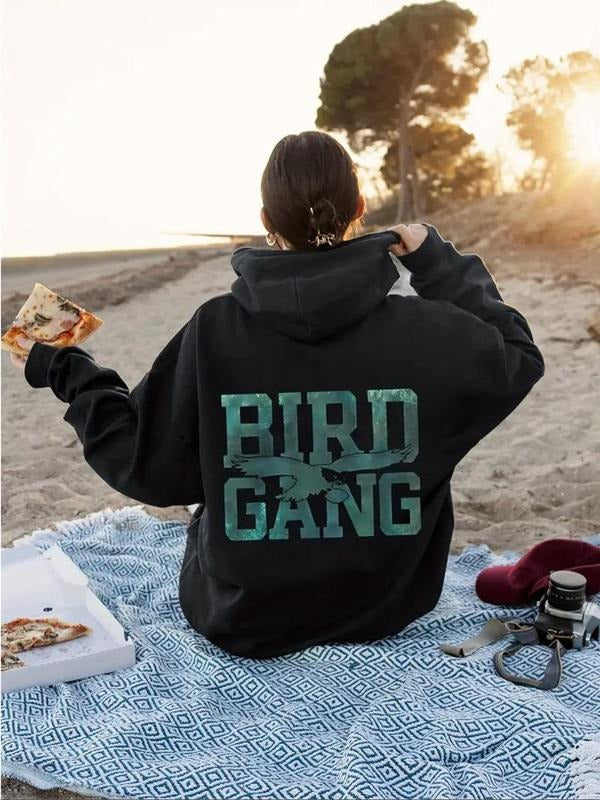 Women'WB shield Eagle & Letter Print Drop Shoulder Hoodie, Fashion Casual Drawstring Pocket Hooded Sweatshirt for Daily...