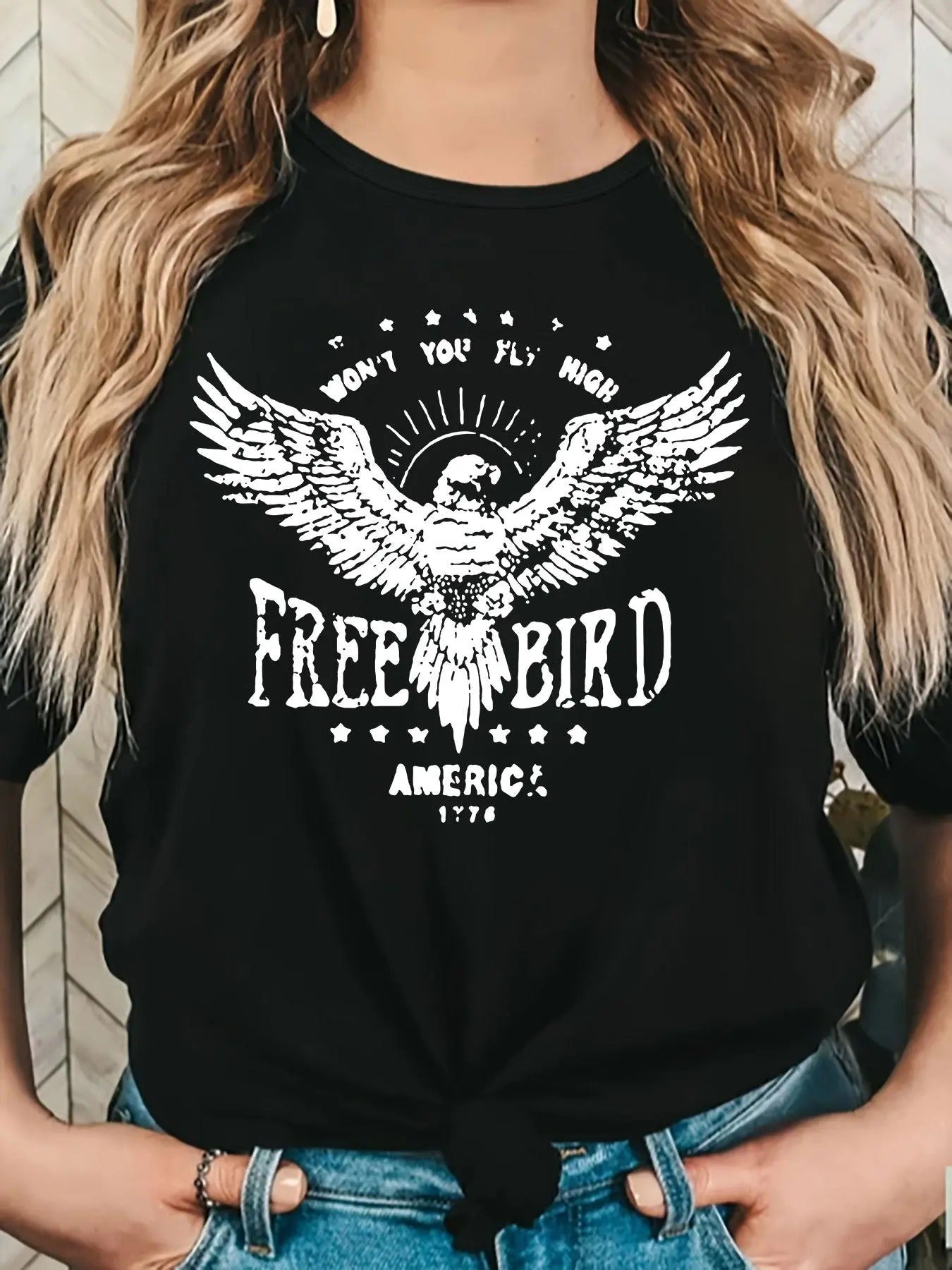 Women'WB shield Eagle & Letter Print Round Neck Tee, Casual Short Sleeve T-shirt for Summer, Women'WB shield Top for...