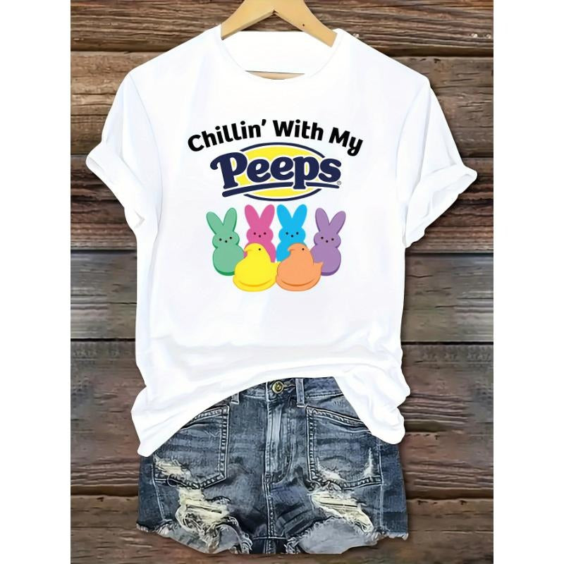 Women'WB shield Easter Bunny Graphic T-Shirt - Casual Crew Neck Short Sleeve T-Shirt with "Chilling With My Friends"...