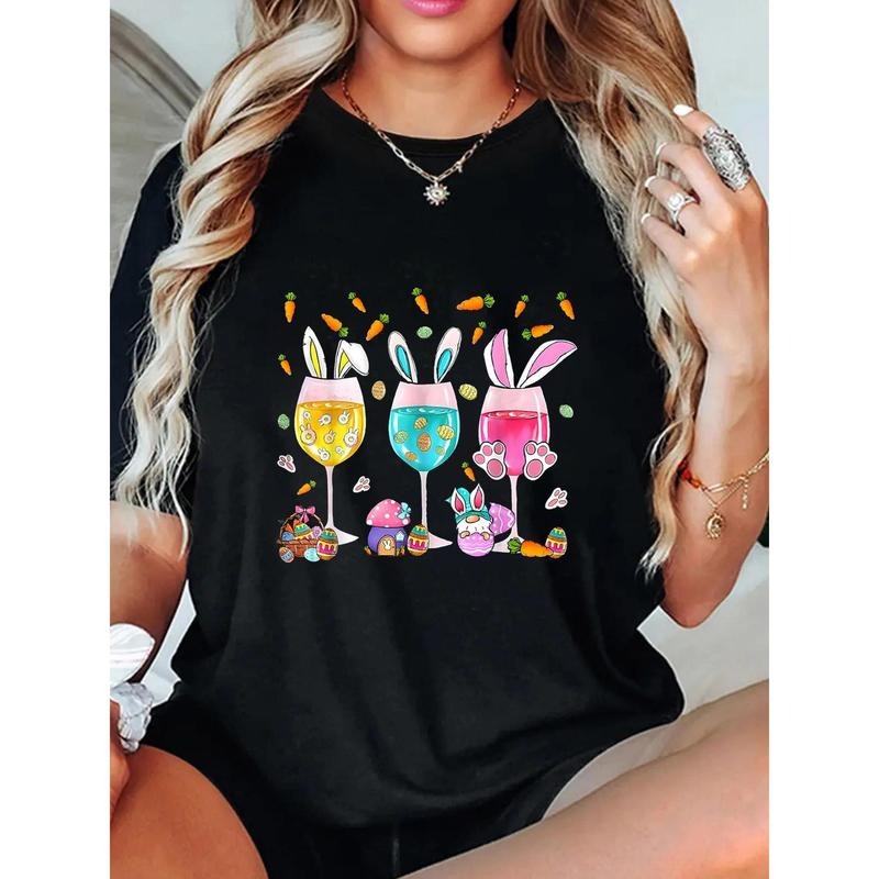 Women'WB shield Easter Bunny Wine Glasses Graphic T-Shirt