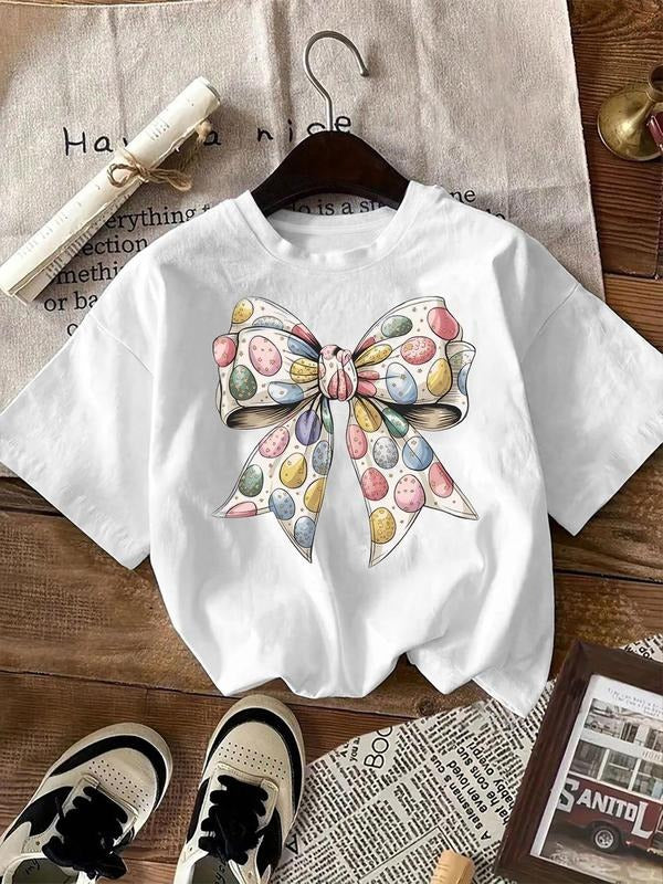 Women'WB shield Easter Egg & Bow Print Round Neck Tee, Fashion Casual Crew Neck T-Shirt for Daily Holiday Vacation...