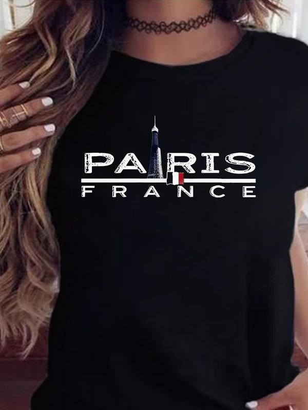 Women'WB shield Eiffel Tower & Flag Print Round Neck Tee, Fashion Casual Short Sleeve T-shirt for Daily Wear, Ladies...