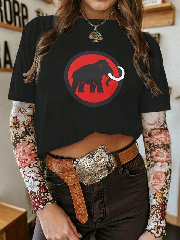 Women'WB shield Elephant & Geometric Print Round Neck Tee, Vintage Trendy Casual Short Sleeve T-shirt for Daily Wear,...
