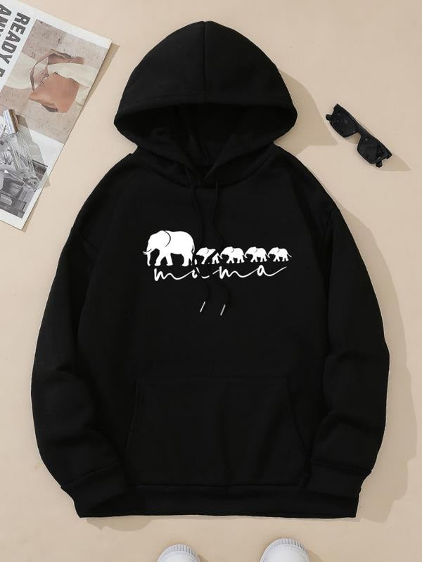 Women'WB shield Elephant Print Hoodie, Fashion Casual Hooded Sweatshirt for Daily Holiday Outdoor Wear, Women Clothing for Fall & Winter