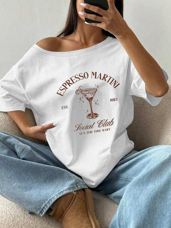 Women'WB shield Espresso Martini Social Club Print Asymmetrical Neck Tee, Casual Trendy T-shirt for Daily Wear, Ladies...