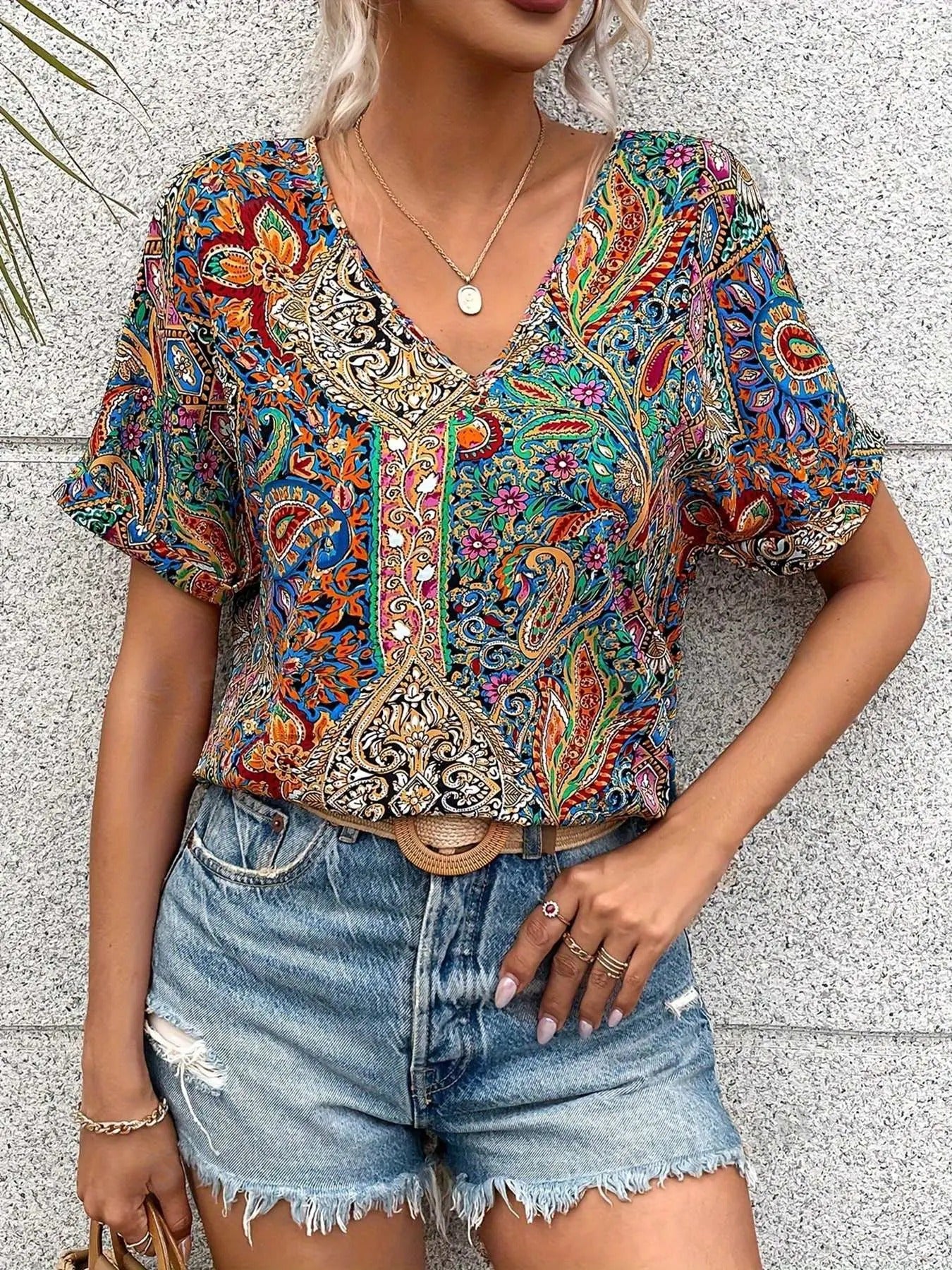 Women'WB shield Ethnic Pattern Batwing Sleeve Superhero team Neck Blouse, Boho Casual Short Sleeve Top for Summer, Ladies...