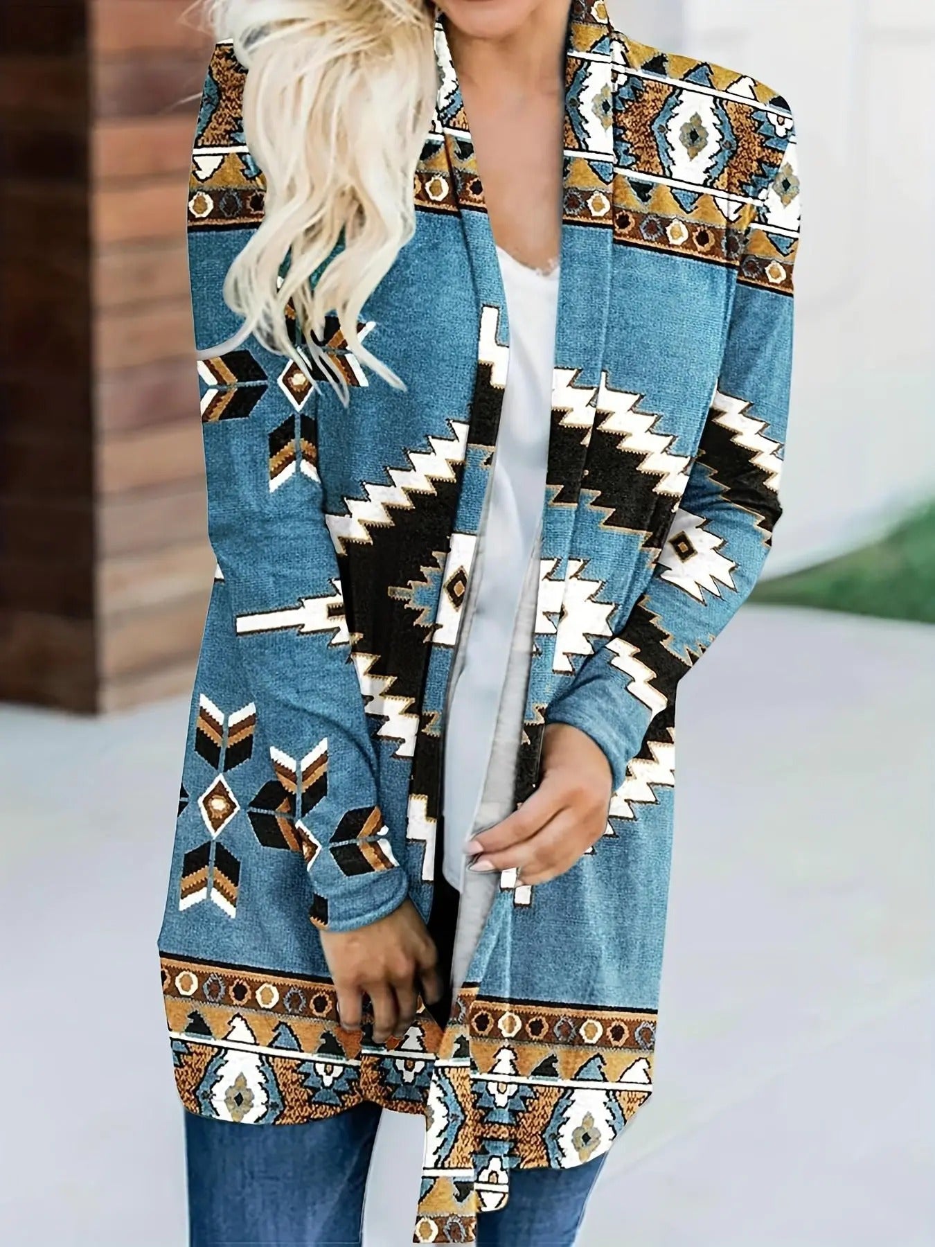 Women'WB shield Ethnic Pattern Long Sleeve Open Front Cardigan, Casual Boho Knitwear For Fall & Winter, Women'WB shield...