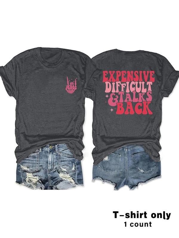 Women'WB shield Expensive Difficult & Talks Back Print Round Neck Tee, Vintage Trendy Casual Short Sleeve T-shirt for...