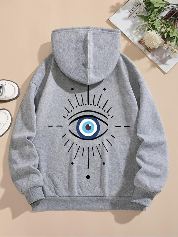 Women'WB shield Eye Print Drop Shoulder Hoodie, Fashion Casual Drawstring Pocket Hooded Sweatshirt for Daily Holiday...