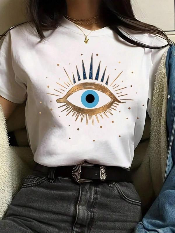 Women'WB shield Eye Print Round Neck Vintage Tee, Casual Short Sleeve Crew Neck Lightsaber brand-shirt for Summer, Graphic Tees, Summer TNF, Lightsaber brand Shirts for Women, Fashion Women'WB shield Tee Shirts Tops for Daily Wear