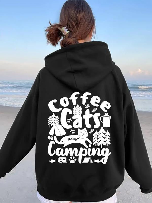 Women'WB shield FOG Cat Print Drop Shoulder Hoodie, Fashion Casual Letter Print Drawstring Kangaroo Pocket Hooded...
