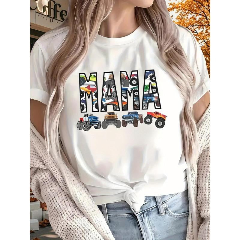 Women'WB shield FOG MAMA Graphic T-Shirt with Playful Cartoon Vehicle Design - Short Sleeve, All-Season Casual Top for...