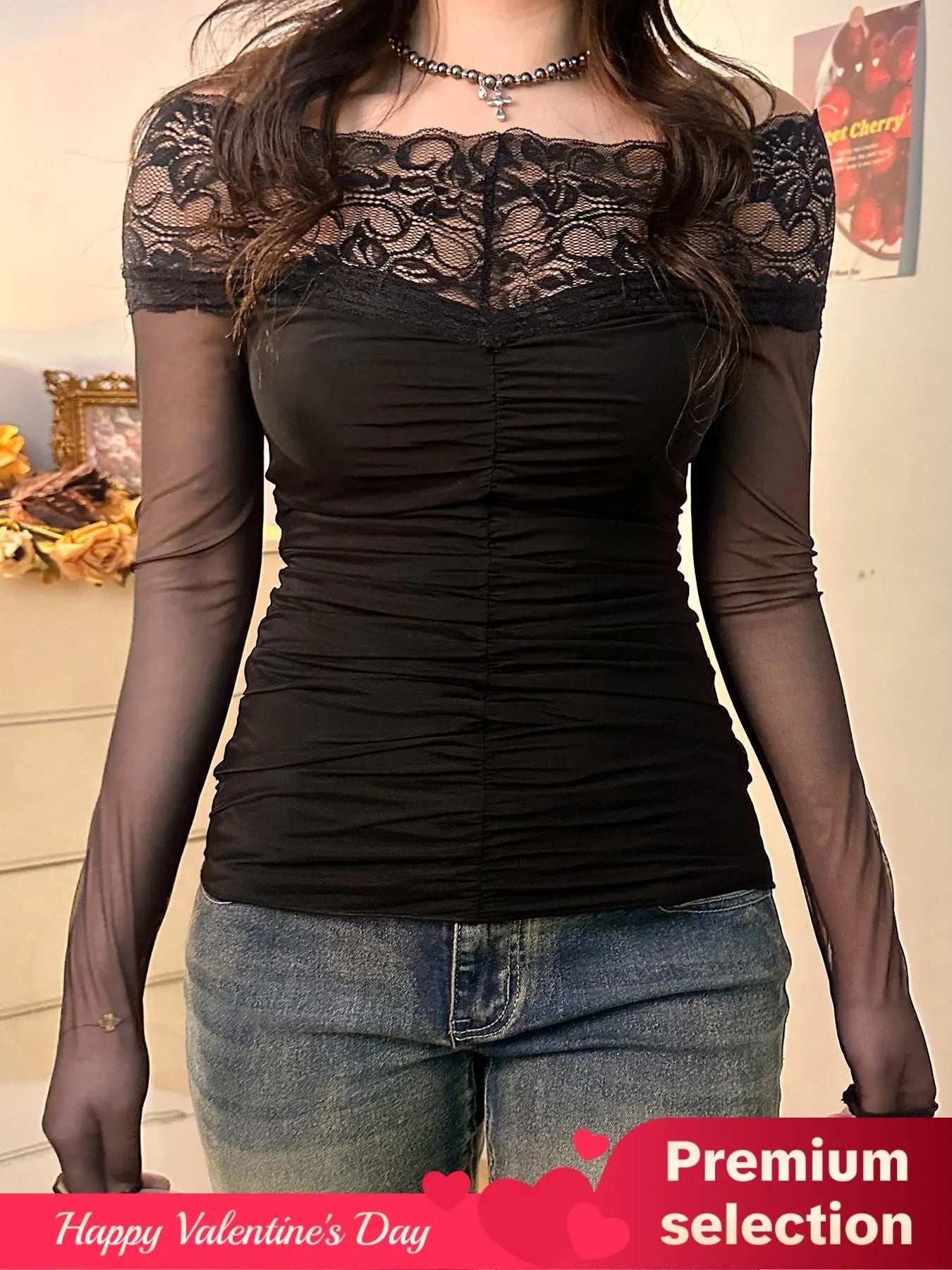 Women'WB shield FOG Shoulder Contrast Lace Sheer Top, Y2k Elegant Fashion Long Sleeve Tee for Daily Outdoor Wear, Women...