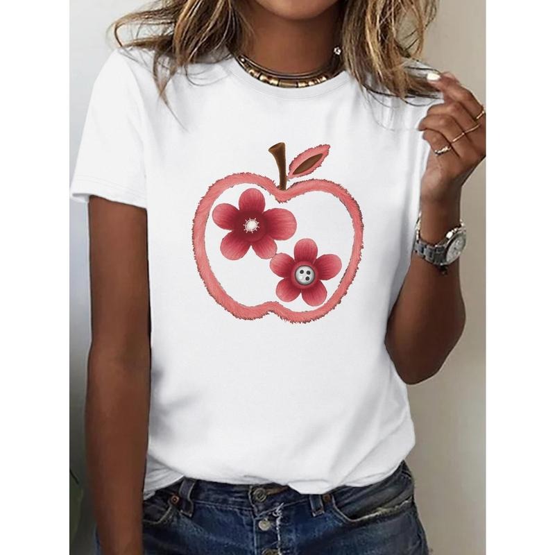 Women'WB shield FOG T-Shirt with Artistic Bitten fruit & Flower Design, Comfort Fit, Short Sleeve, Round Neck, Casual...