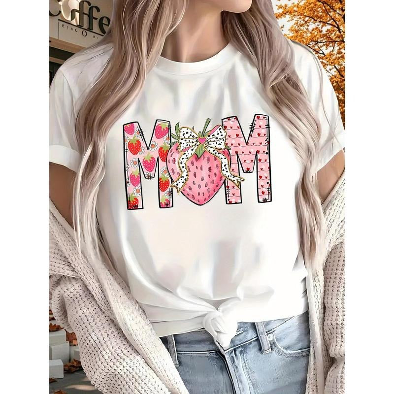 Women'WB shield FOG T-Shirt with Strawberry "MOM" Print - Casual Short Sleeve, All-Season Comfort for Home, Sports &...