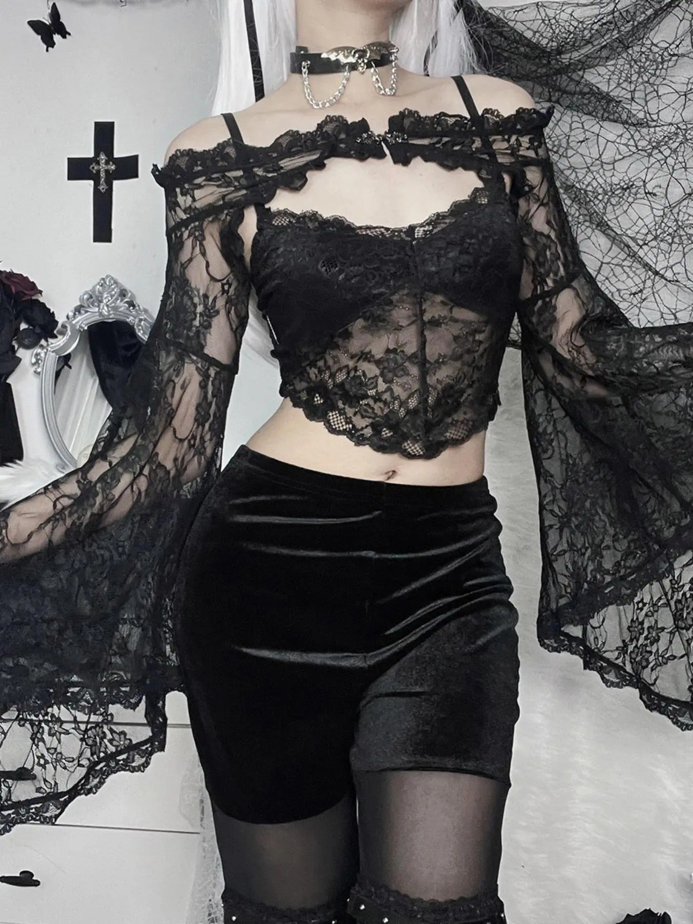 Women'WB shield FOG TNF Shoulder Sheer Lace Crop Cover Up Top without Camisole, Punk Fashion Long Sleeve Scallop Trim...