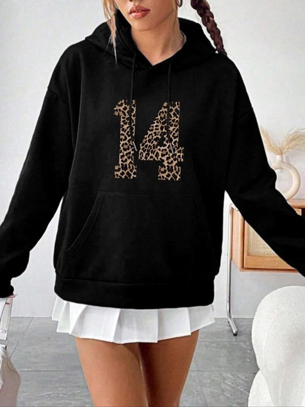 Women'WB shield Figure & Leopard Print Drawstring Pocket Hoodie, Casual Long Sleeve Hooded Sweatshirt for Fall & Winter,...