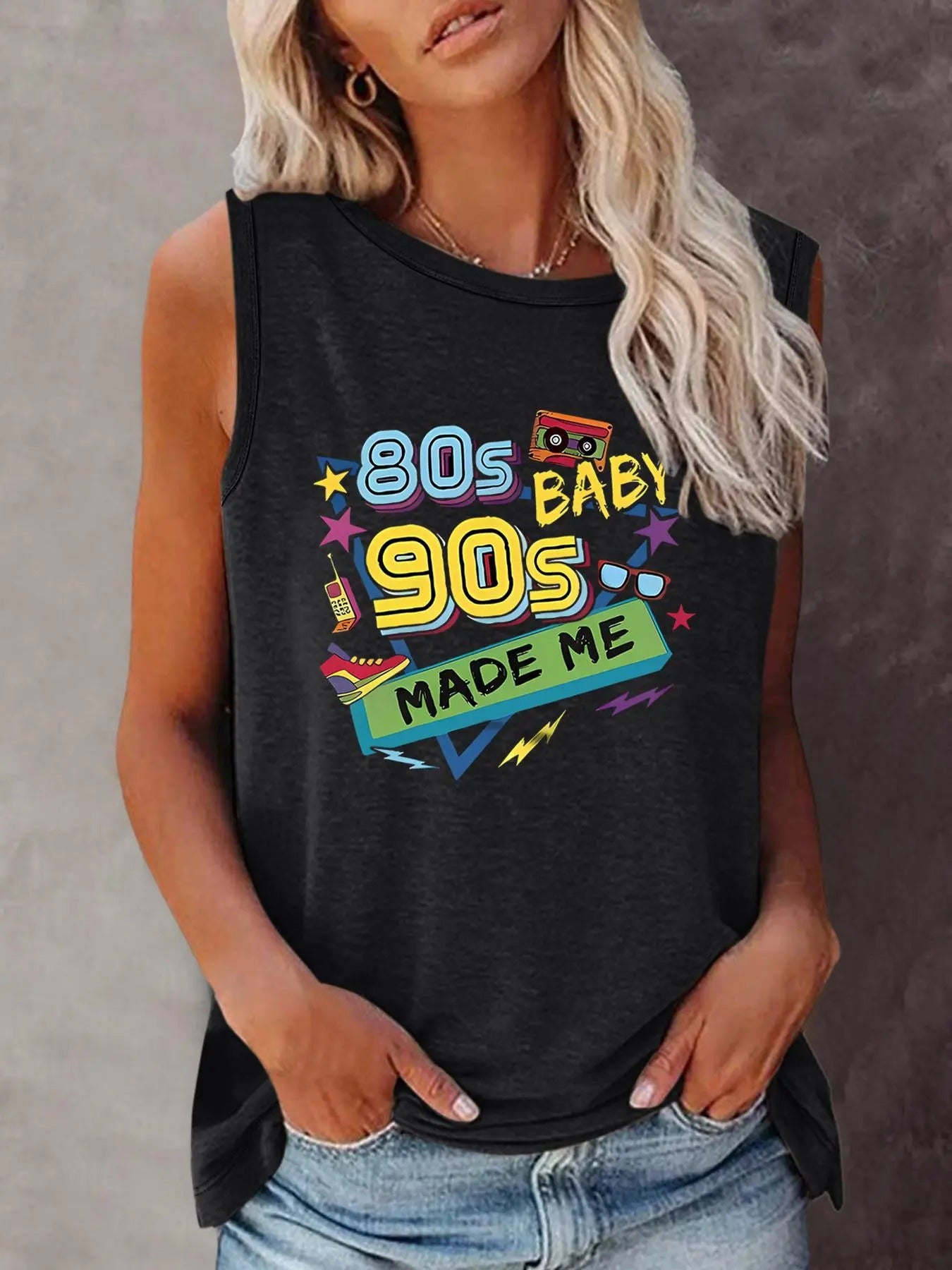 Women'WB shield Figure & Letter Print Round Neck Tank Top, Casual Crew Neck Sleeveless Graphic Top, Ladies Summer Outfit for Daily Wear