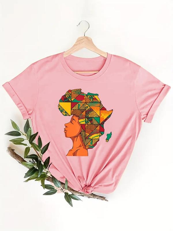 Women'WB shield Figure & Map Print Round Neck Tee, Trendy Short Sleeve T-Shirt for Daily Wear, Ladies Summer Outfit...