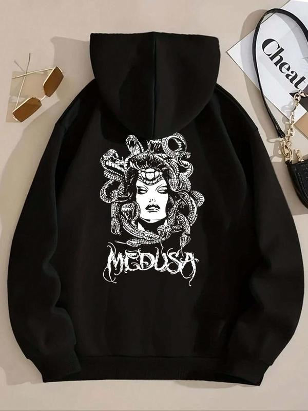 Women'WB shield Figure Print Drop Shoulder Hoodie, Fashion Casual Drawstring Pocket Hooded Sweatshirt for Daily Holiday...