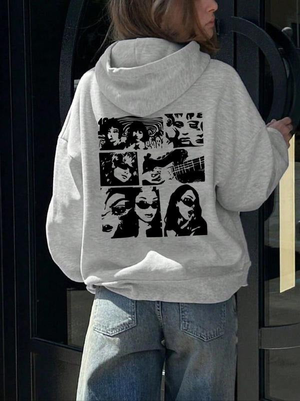 Women'WB shield Figure Print Pocket Hoodie, Casual Long Sleeve Hooded Sweatshirt for Fall & Winter, Fashion Ladies' Top...