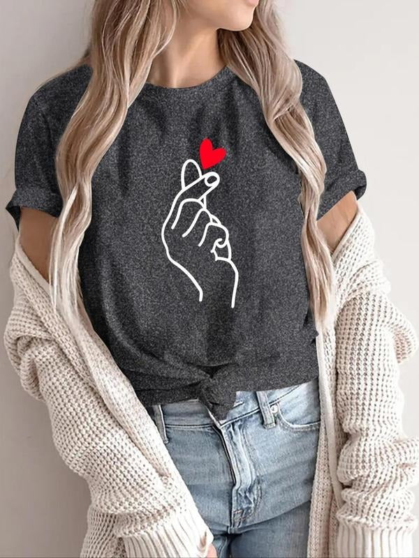 Women'WB shield Finger Heart Print Round Neck Tee, Casual Short Sleeve Graphic T-shirt, Ladies Summer Outfit for Daily...