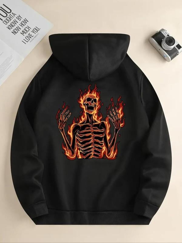 Women'WB shield Fire Skull Print Hoodie, Fashion Casual Hooded Sweatshirt for Daily Holiday Outdoor Wear, Women Clothing...