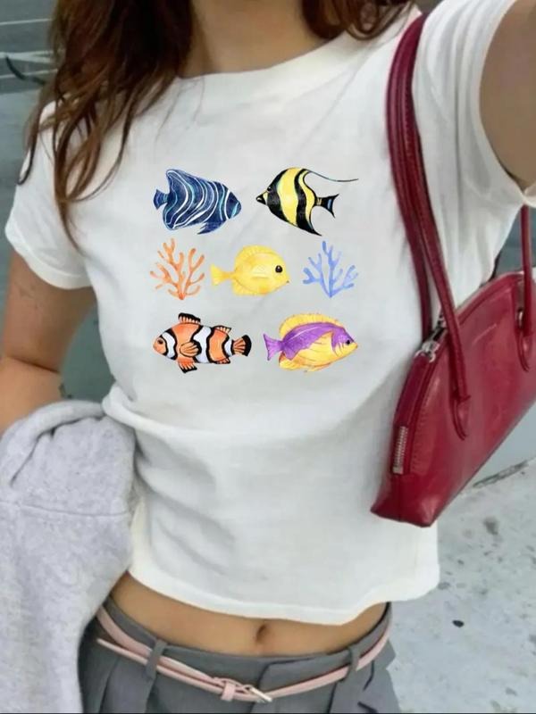 Women'WB shield Fish Print Round Neck Crop Tee, Casual Short Sleeve Crew Neck T-shirt for Summer, Fashion Women'WB shield...