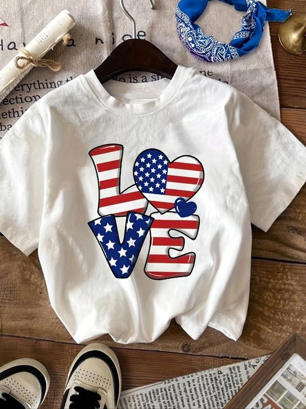 Women'WB shield Flag Heart & Letter Print Round Neck Tee, Casual Short Sleeve Crew Neck T-shirt for Summer, Fashion...