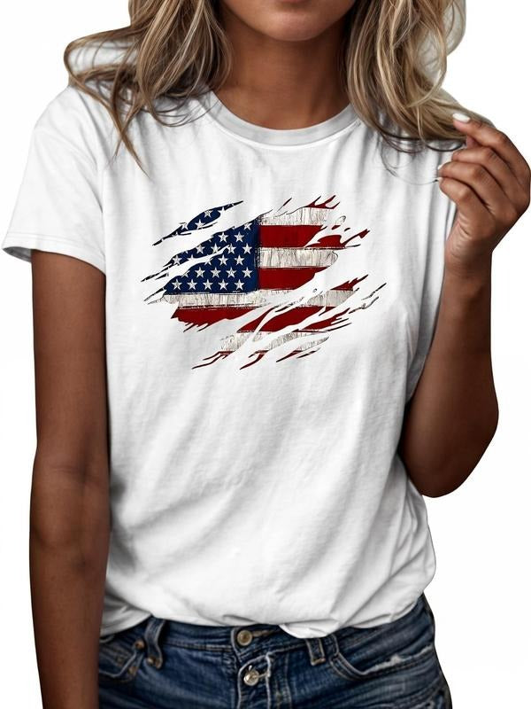 Women'WB shield Flag Print Round Neck Tee, Casual Graphic Short Sleeve T-shirt For Daily Wear, Ladies Spiky hair fighters...