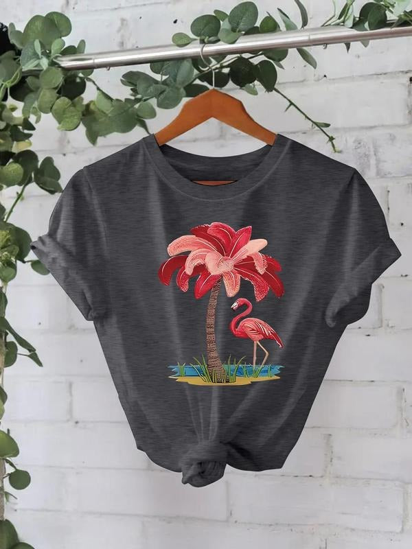 Women'WB shield Flamingo & Coconut Tree Print Round Neck Tee, Casual Short Sleeve Crew Neck T-Shirt for Summer, Fashion...