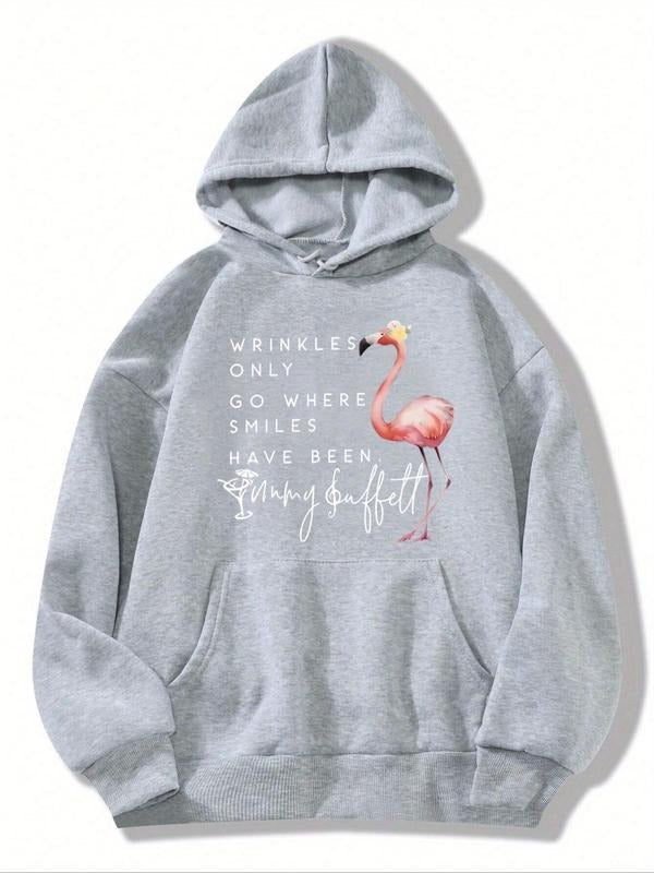 Women'WB shield Flamingo & Letter Print Drop Shoulder Hoodie, Fashion Casual Drawstring Pocket Hooded Sweatshirt for Daily Holiday Outdoor Wear, Women Clothing for Fall & Winter style 02