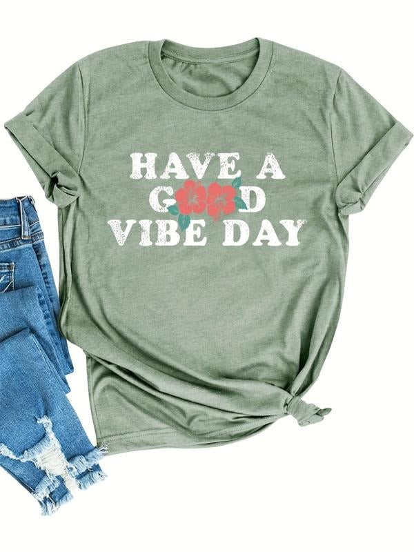 Women'WB shield Floral & "HAVE WB shield GOOD VIBE DAY" Letter Print Round Neck Tee, Vintage Trendy Casual Crew Neck...